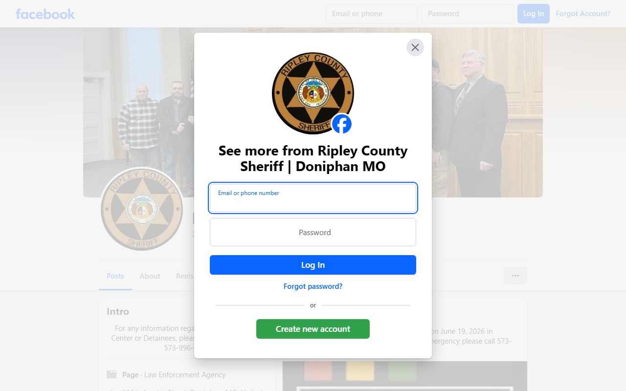 Official Ripley County Sheriff Facebook page with public safety and booking notices